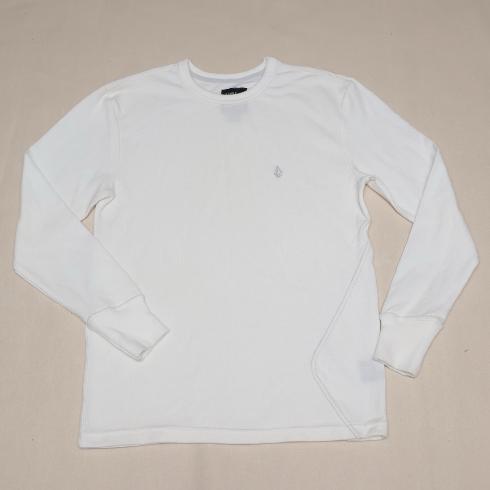 Volcom Thermal Shirt Mens Small White Waffle Knit Skate Long Sleeve Y2K Logo